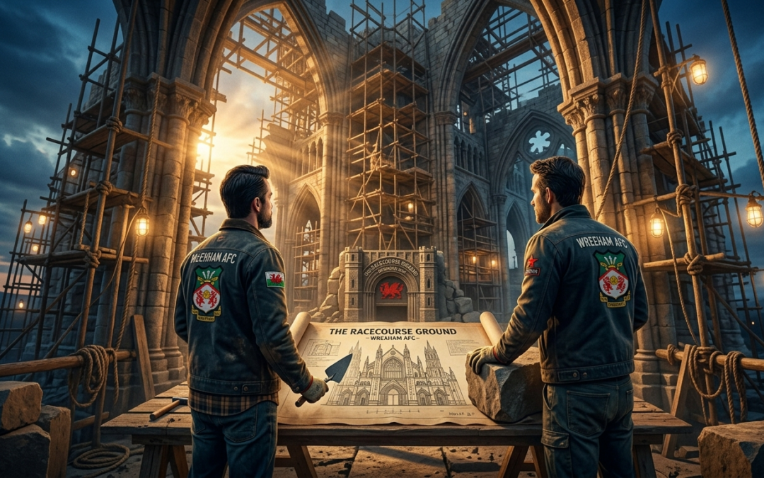 Two men resembling Ryan Reynolds and Rob McElhenney stand side-by-side with their backs to the viewer, overlooking the interior of a massive, unfinished stone cathedral. They are dressed in rugged work jackets featuring Wrexham AFC patches and the Welsh flag. Between them, they study a large, detailed architectural blueprint titled "The Racecourse Ground," which depicts a gothic cathedral design. The scene is filled with heavy scaffolding and construction tools, set against a dramatic golden-hour sky. The image captures a symbolic "founder mindset," portraying the duo as builders of a lasting legacy rather than just owners of a football club.